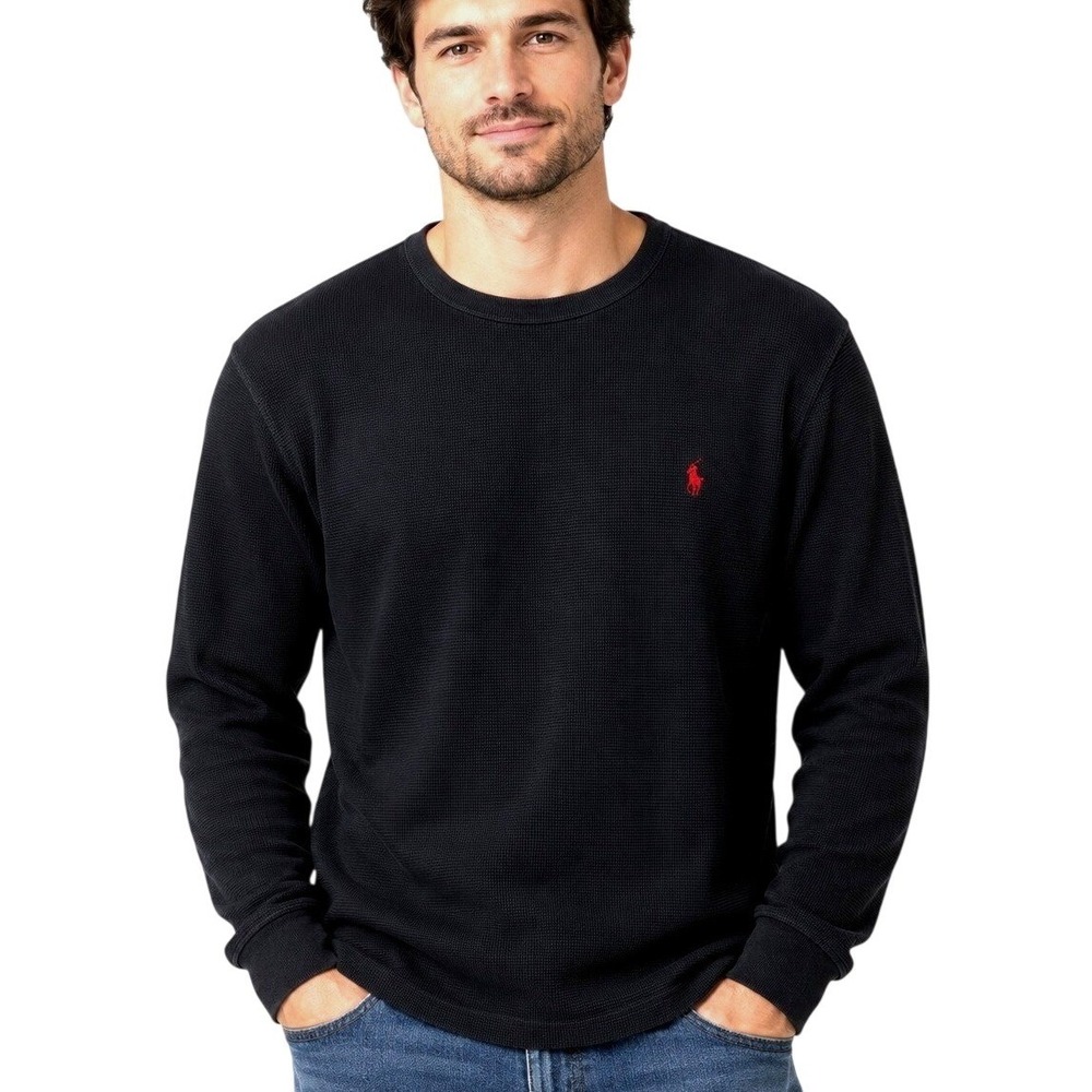 Polo Ralph Lauren Waffle Knit Thermal Shirt Mens XL Black Crew Neck Red Pony